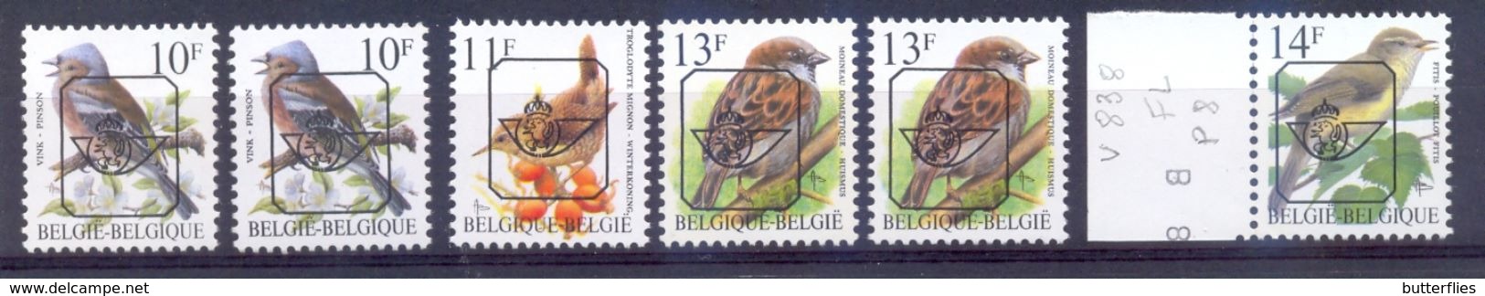 Belgie  - OBP - ** Preo - 834p5 - 834p6 - 836p6a - 837p8 - 837p6a - 838p8 **  - Vogels Andre Buzin - Typografisch 1986-96 (Vogels)