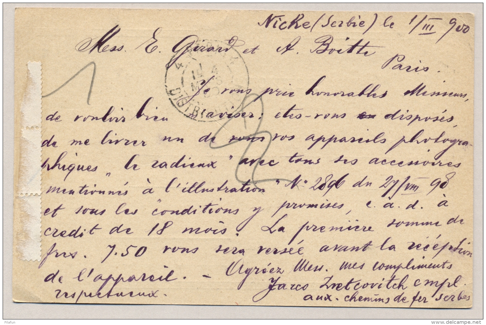 Serbia - 1900 - 5 Pa Carte Postale + 5 Pa Stamp, Sent From NICHE GARE To Paris / France !! NON EXISTING DATE!! - Servië