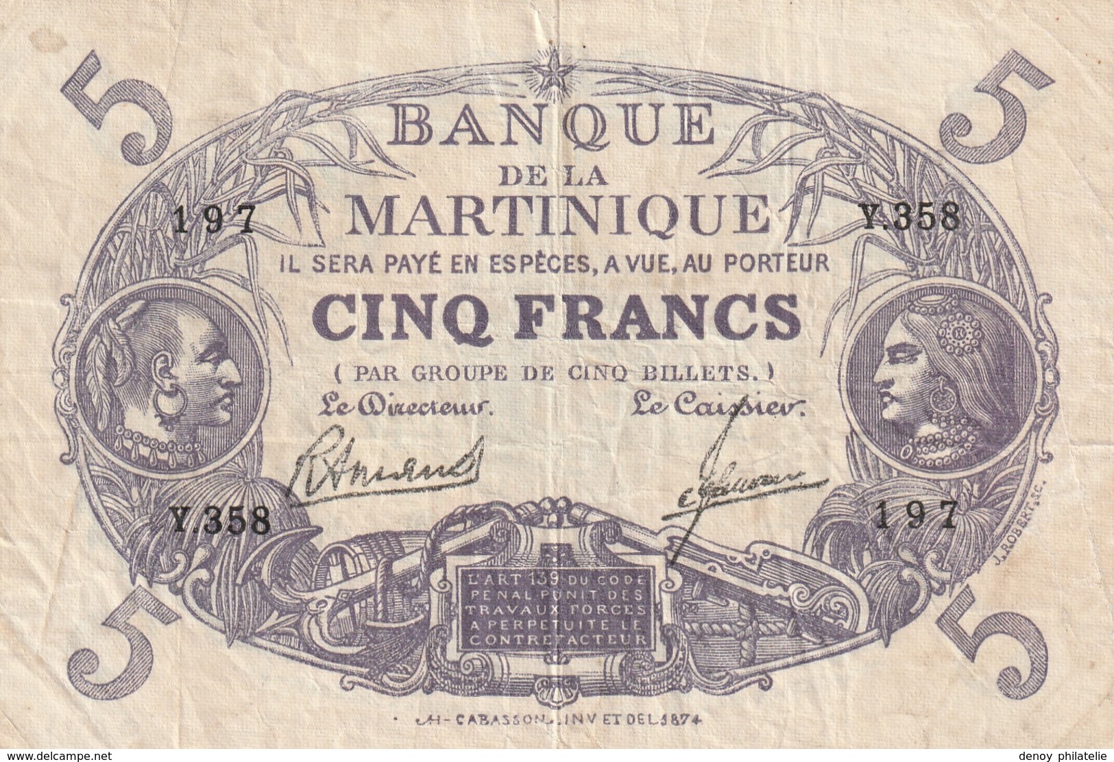 Billet De 5 Francs De Martinique Ref Kolssky 305 B En état Plis Mais Pas De Trous - Autres & Non Classés