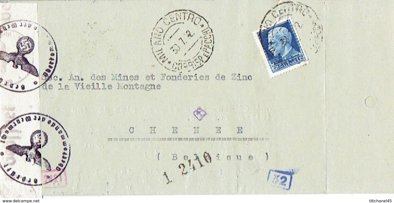 Lettera 30.07.1942 Da MILANO Ing. TITO BAVASTRO Per CHENEE ( Belgium) - VERIFICATO PER CENSURA - Autres & Non Classés