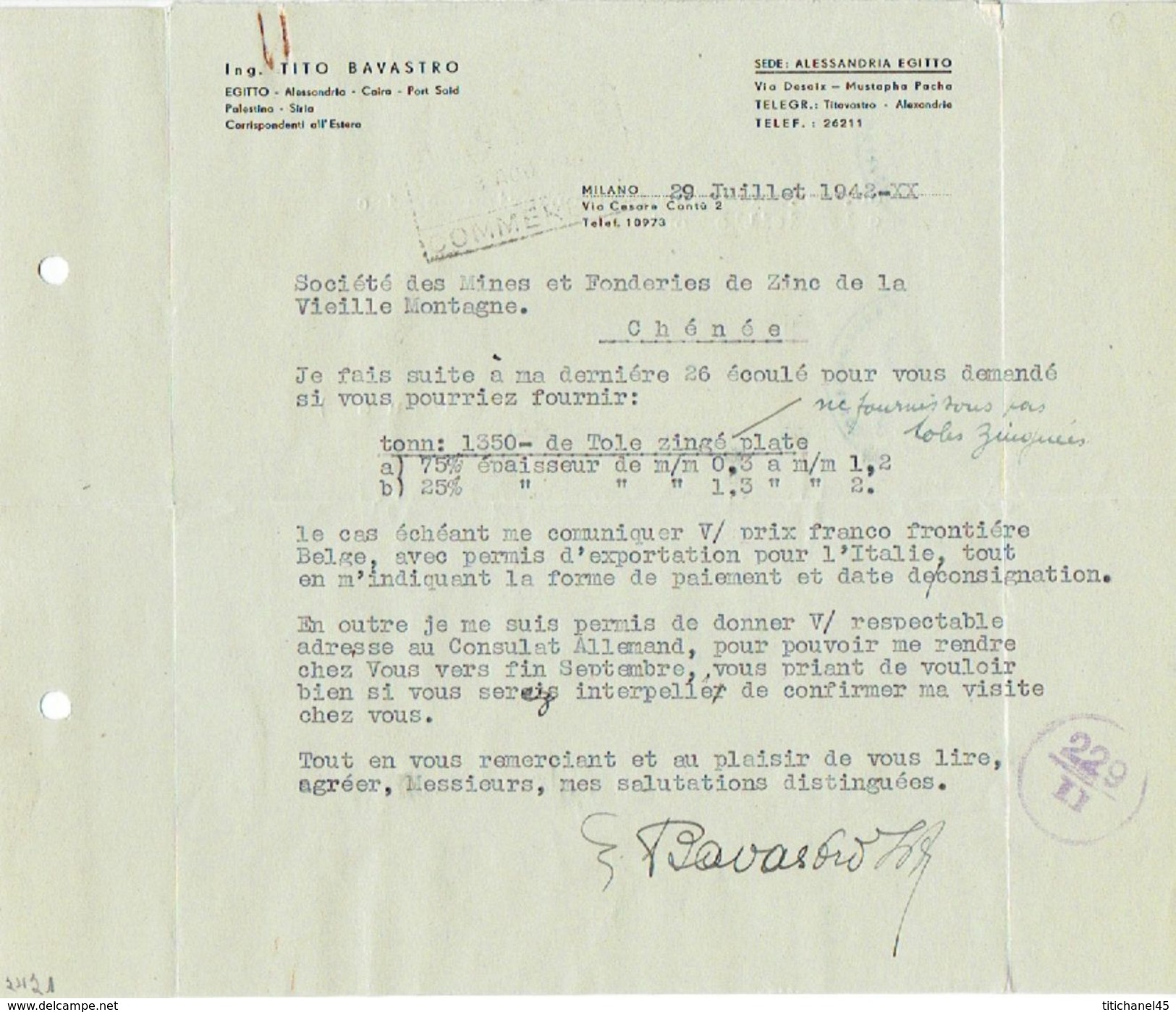 Lettera 30.07.1942 Da MILANO Ing. TITO BAVASTRO Per CHENEE ( Belgium) - VERIFICATO PER CENSURA - Autres & Non Classés