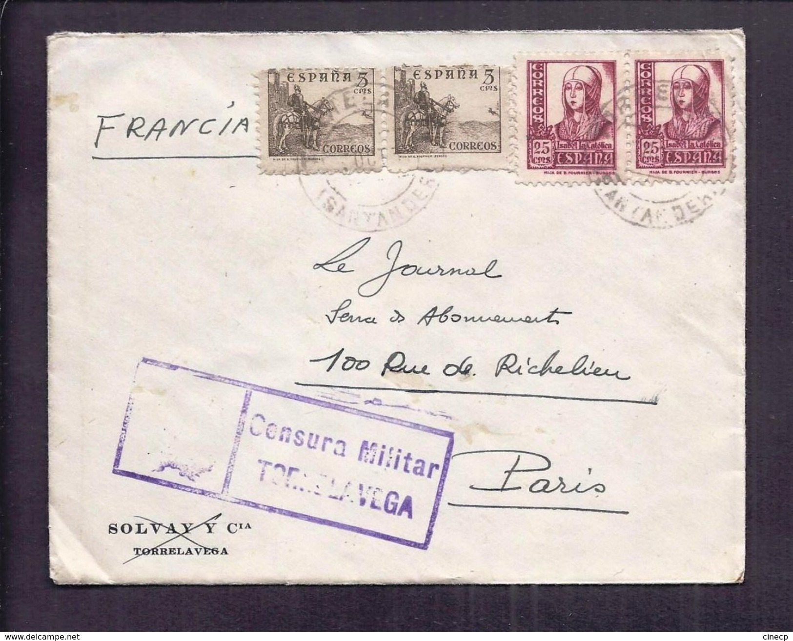 ENVELOPPE GUERRE ESPAGNE Cachet De Censure Militaire CENSURA MILITAR TORRELAVEGA 1937 Ou 1938 - Marcas De Censura Nacional