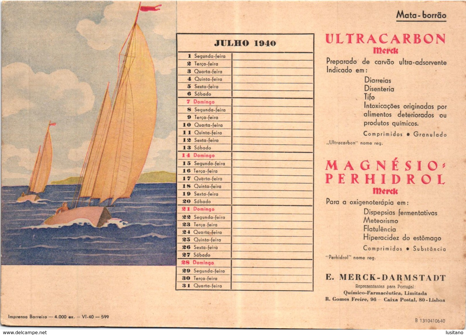 PORTUGAL MATA BORRAO BUVARD BLOTTER  20.8 X 14.7 CMS - 1940 SAILING A VOILE  MEDECINE ADVERTISING ( 2 SCANS ) - Pinturas
