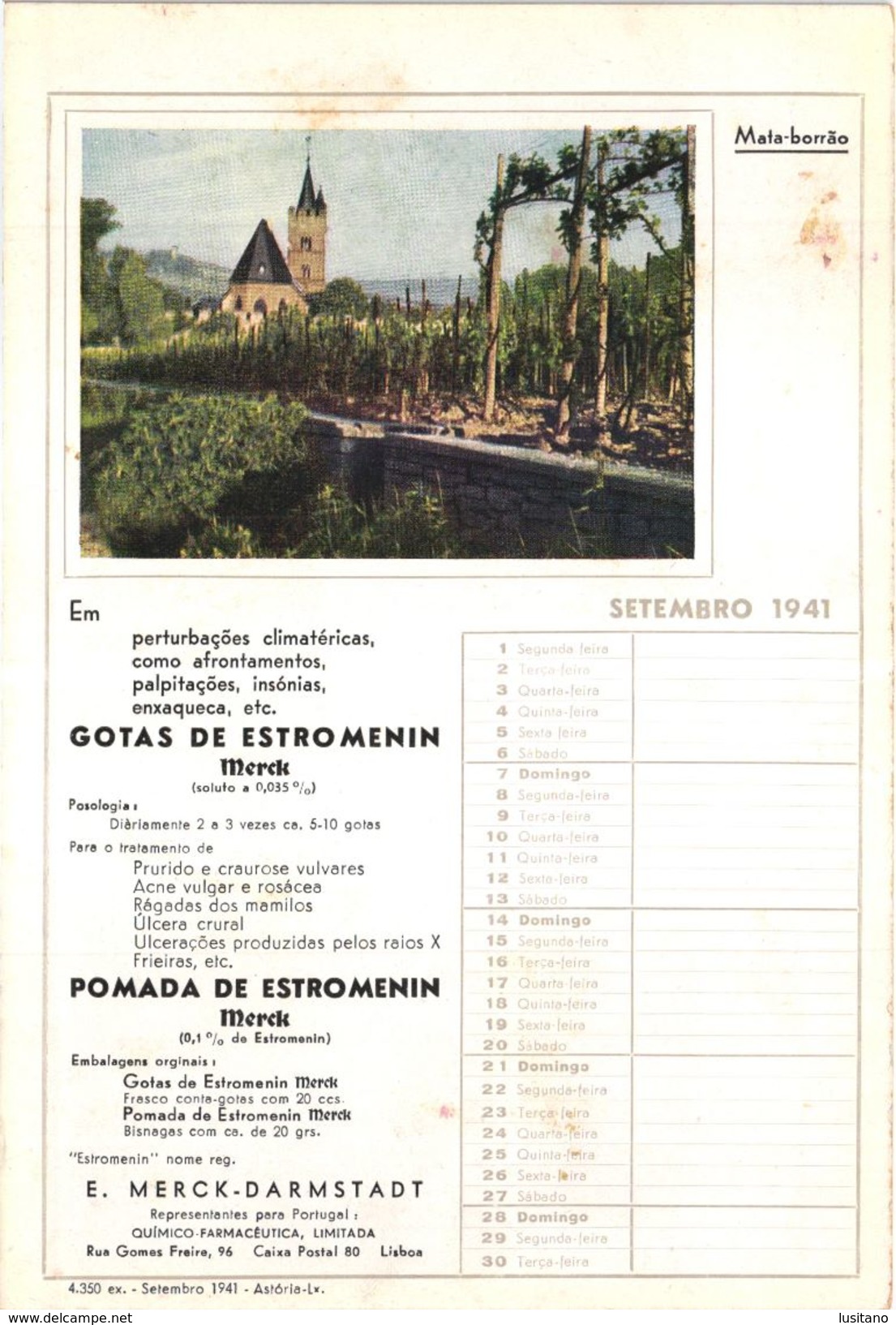 PORTUGAL MATA BORRAO BUVARD BLOTTER  21.2 X 14.5 CMS - 1941  MERCK MEDECINE ADVERTISING - Farben & Lacke
