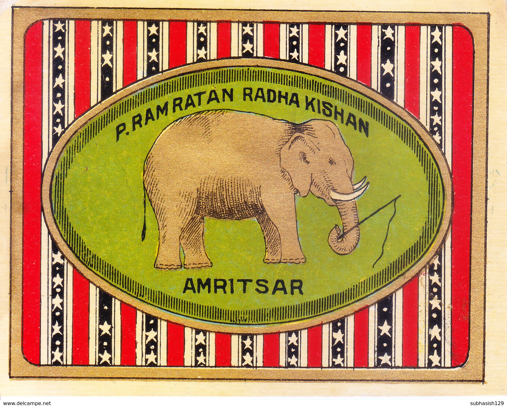 INDIA - VINTAGE LITHOGRAPHIC PRINT TEXTILE TRADE LABEL - ELEPHANT - Textile