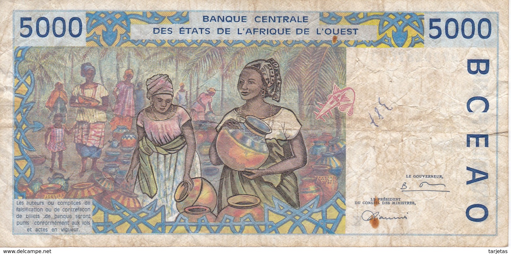 BILLETE DE SENEGAL DE 5000 FRANCS LETRA K (BANK NOTE) - Sénégal