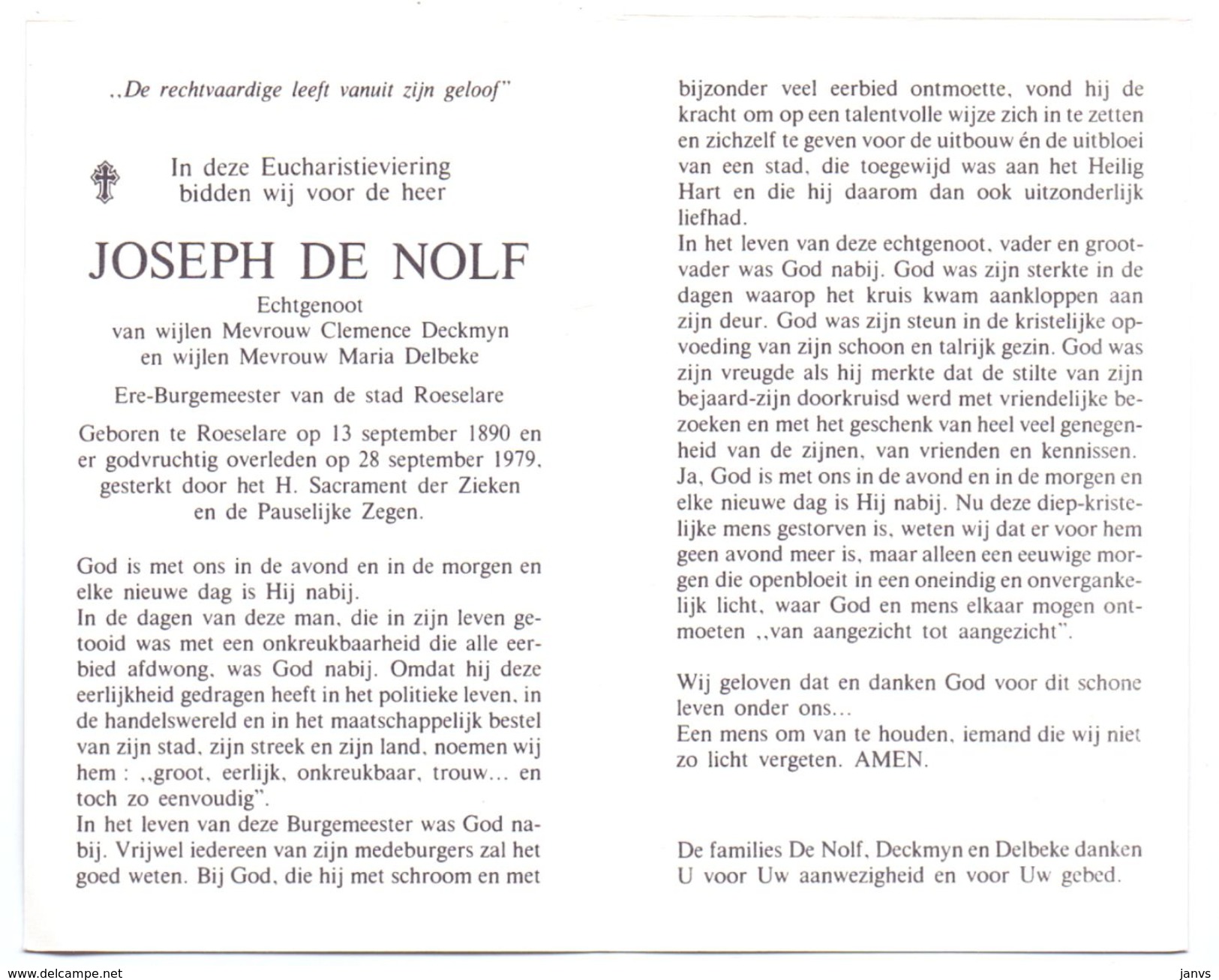 Devotie - Devotion - Joseph De Nolf - Roeselare 1890-1979 - Deckmyn-Delbeke - Ere-Burgemeester - Décès