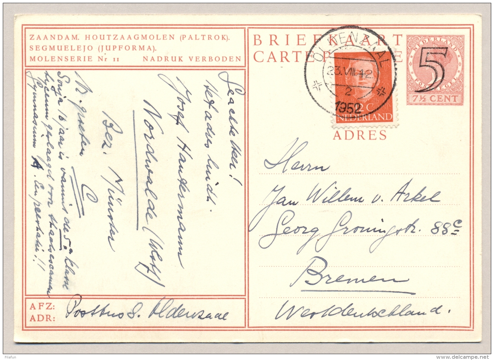 Nederland - 1952 - Molen Briefkaart Met Bijfrankering Van Oldenzaal Naar Bremen - Houtzaagmolen Paltrok Zaandam - Postwaardestukken