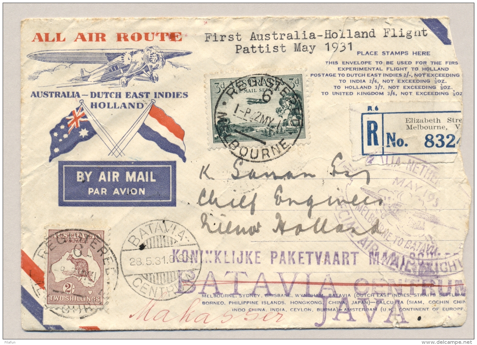 Australia - Nederlands Indië - 1931 - R-cover Met Abel Tasman Special Flight Van Melbourne/Sidney Naar Batavia/Makassar - Nederlands-Indië