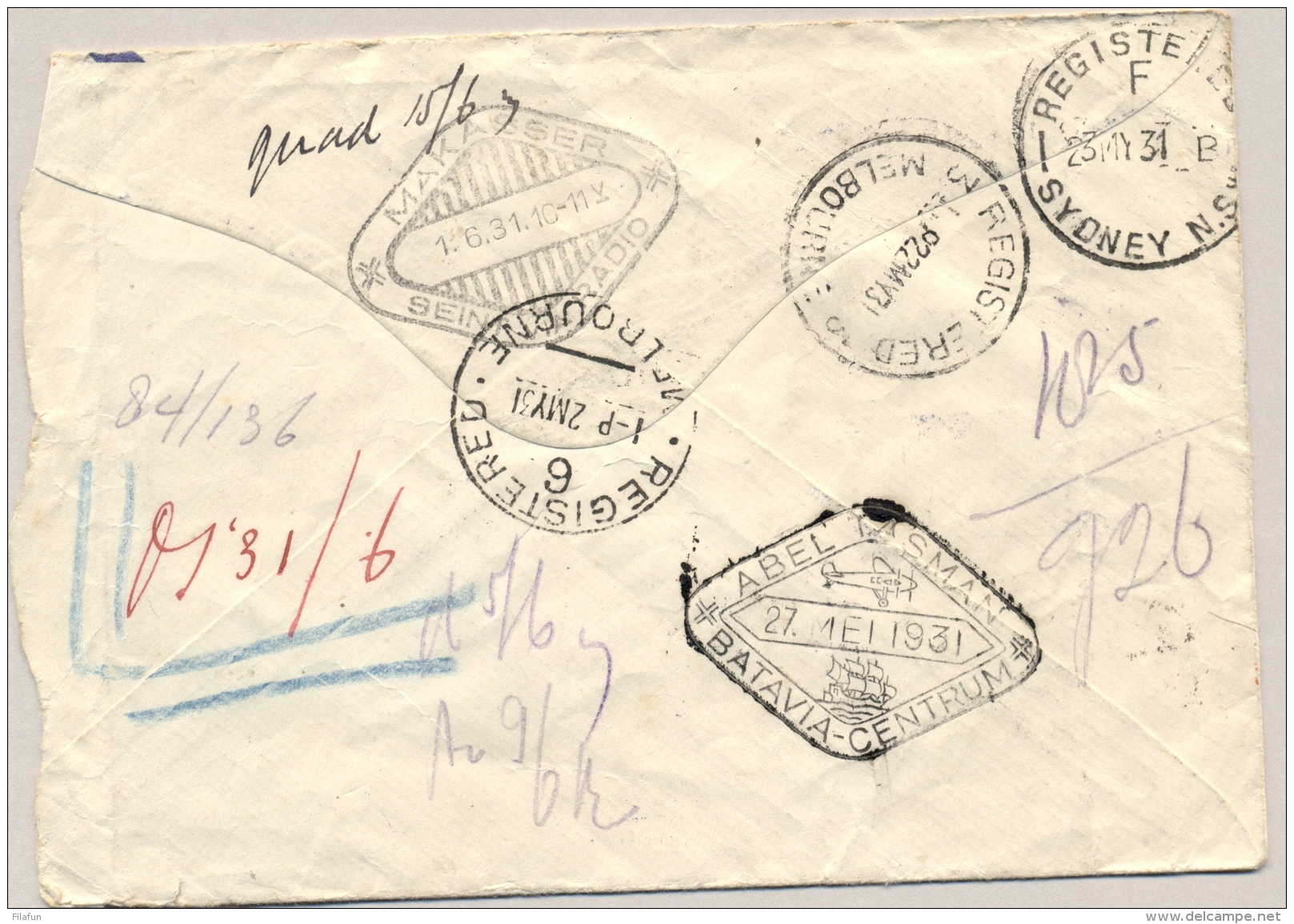 Australia - Nederlands Indië - 1931 - R-cover Met Abel Tasman Special Flight Van Melbourne/Sidney Naar Batavia/Makassar - Nederlands-Indië