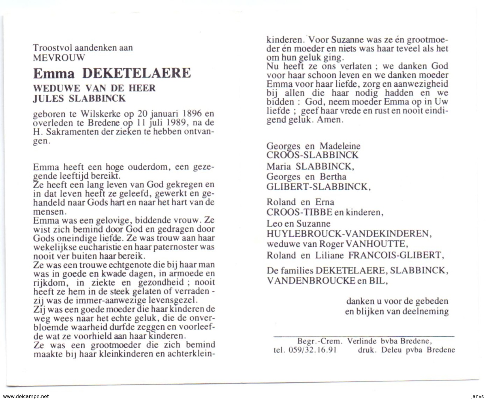 Devotie - Devotion - Emma Deketelaere - Wilskerke 1896 - Bredene 1989 - Slabbinck - Obituary Notices