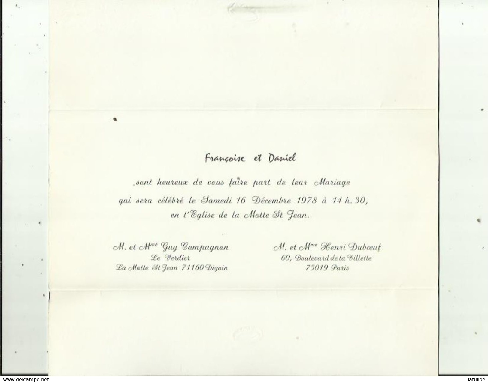 Carte Du Faire-Part Du Mariage De Françoise Et Daniel En 1978 A La MOTTE-ST JEAN 71 ( Mr Mme COMPAGNON _Mr Mme DUBOEUF - Boda