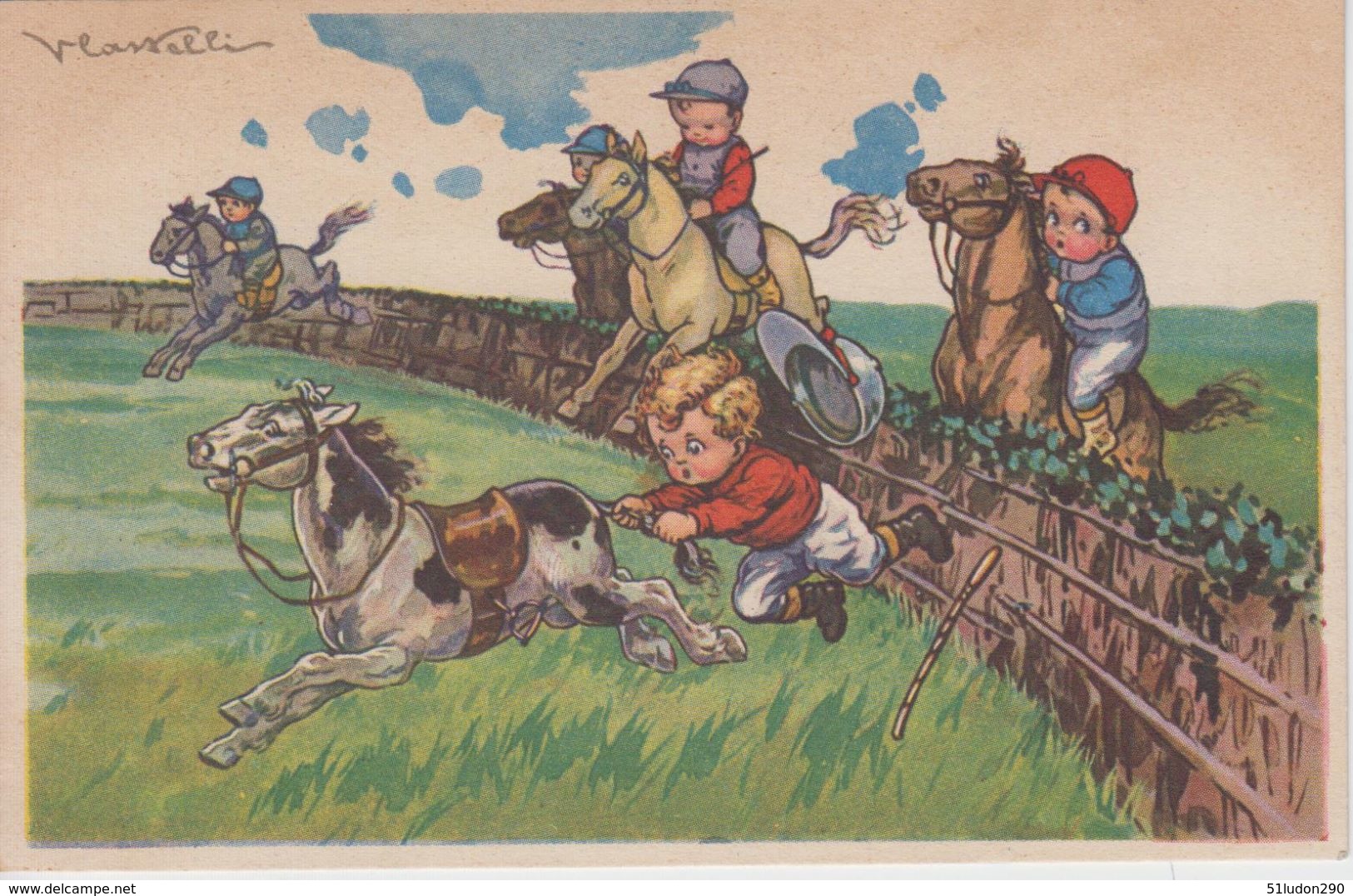 CPA Illustrateur Castelli - Course De Chevaux, Saut De Haie, Enfants ... - Castelli