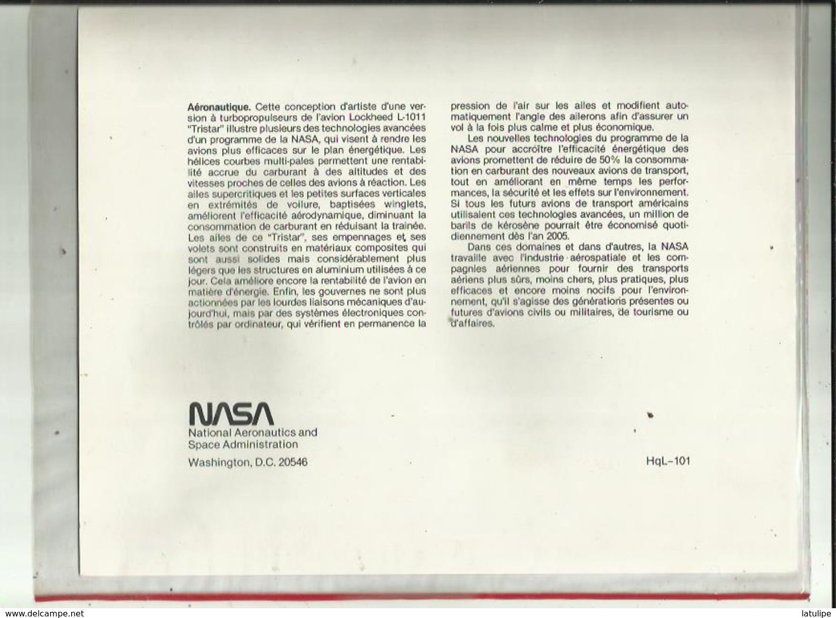 Document  De  La N A S A   Aeronutique  L 1011  " TRISTAR "  Voir Details Sur Scan Au Verso - Aviation