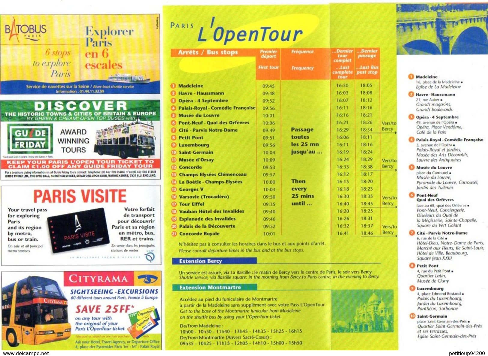 PLAN RESEAU  PRINTEMPS  RATP Open Tour MAI 1998 - Europe
