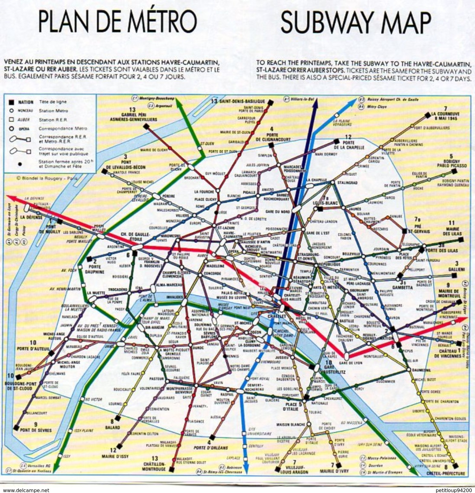 PLAN RESEAU  PRINTEMPS  RATP Grand Magasin  BRUMMELL Année1992 - Europe