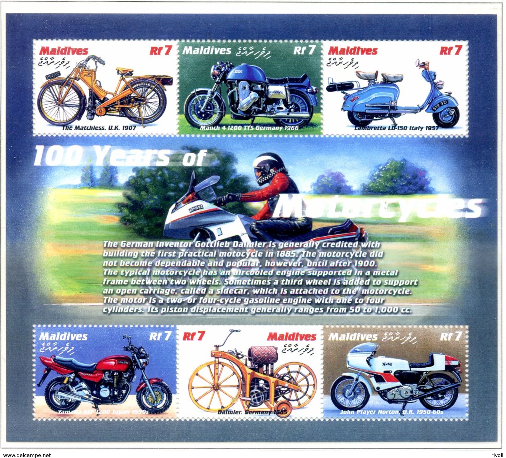 MALDIVES 2000 100 YEARS OF MOTORCYCLES SCOTT 2479 -1 BLOC - MINT SHEETS ** Sans Charniere - Maldive (1965-...)