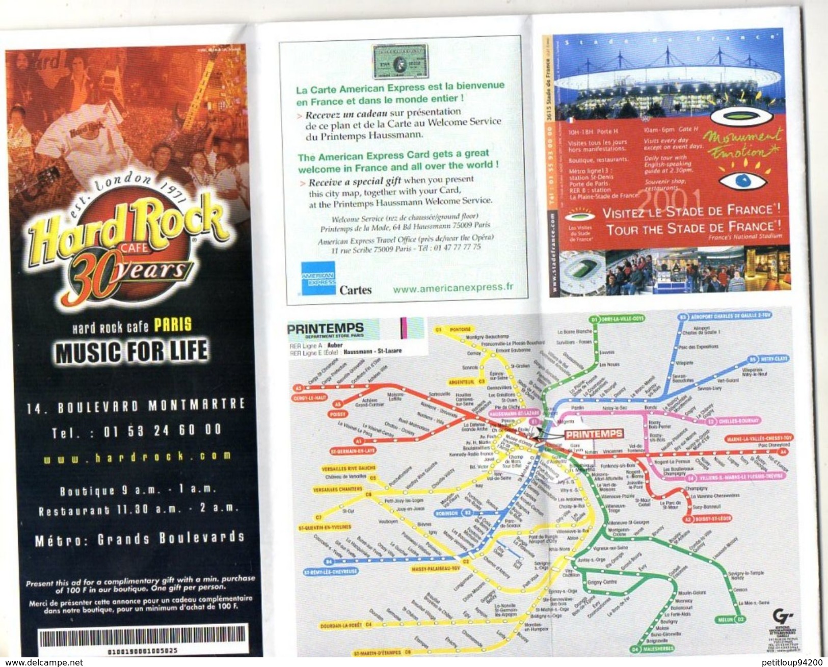 PLAN RESEAU  PRINTEMPS  RATP Grand Magasin  *HARD ROCK Café  *DISNEYLAND Paris  ANNEE 2001 - Europa