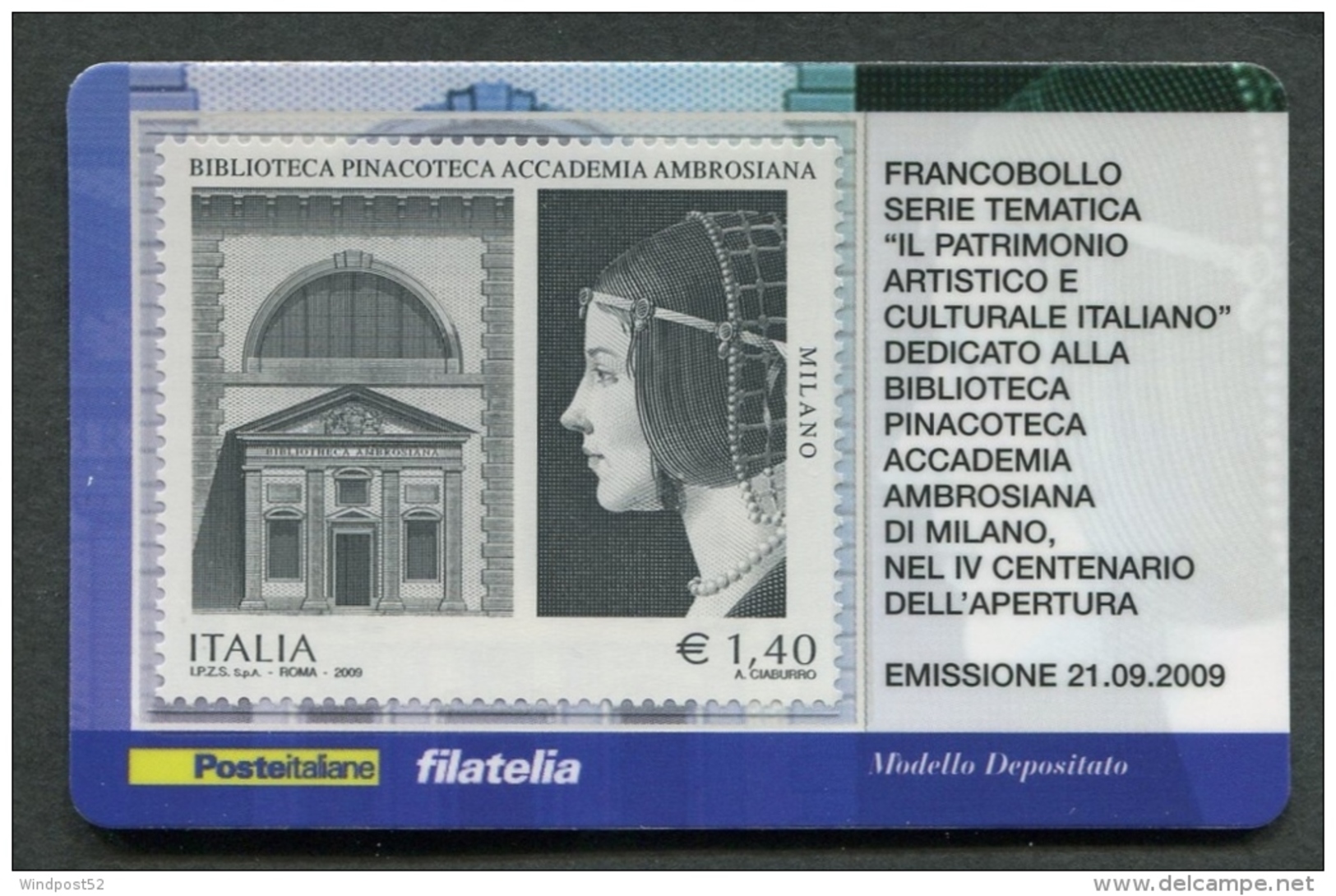 ITALIA TESSERA FILATELICA 2009 - BIBLIOTECA PINACOTECA ACCADEMIA AMBROSIANA DI MILANO - 336 - Philatelistische Karten