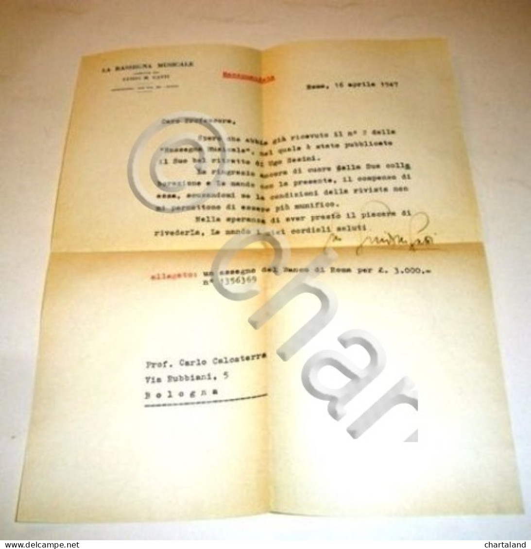 Autografo Lettera Guido Gatti Rassegna Musicale Roma 1947 - Other & Unclassified