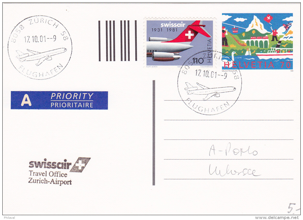 No 653 Sur Entier Postal Oblitéré Zürich Flughaffen Le 17.10.01 - Autres & Non Classés