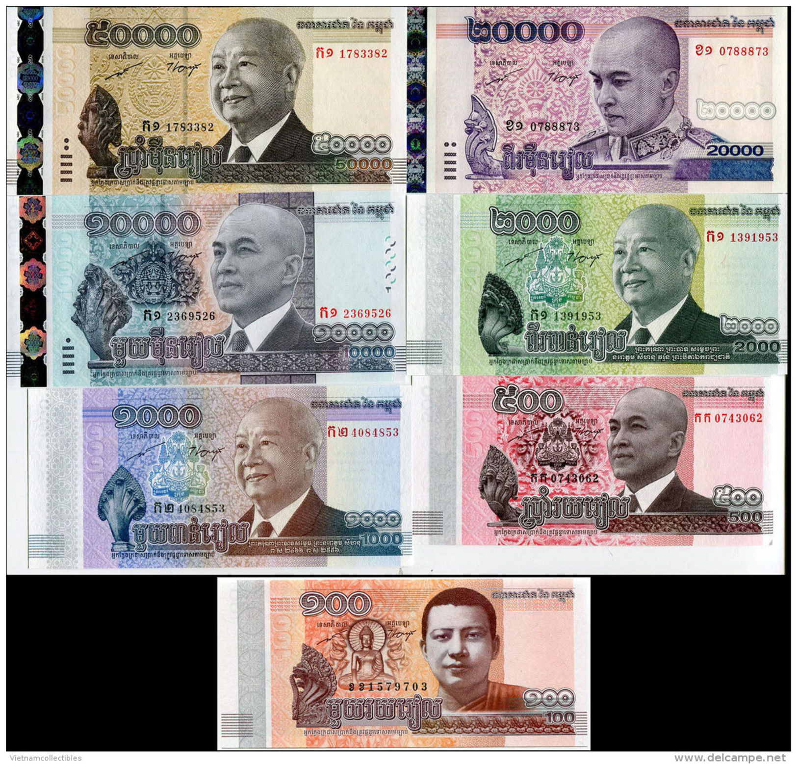 Set Of 07 Cambodia Cambodge Kampuchea UNC 100 500 1000 2000 5000 10000 20000 50000 UNC Banknotes 2008-2014-2015 / - Cambodia