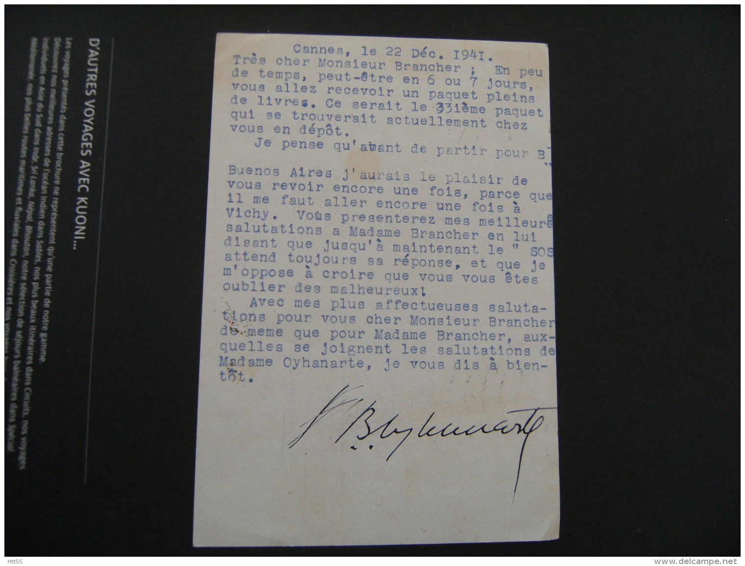 Lettre Autographe  Horacio Oyhanarte  Homme Ploitine Argentine  1941 Avant Depart Pour Argentina - Other & Unclassified