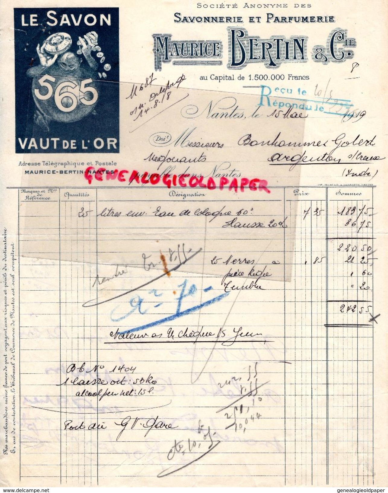 44-  NANTES- RARE FACTURE MAURICE BERTIN-SAVONNERIE PARFUMERIE-LE SAVON 565 VAUT DE L'OR-PARFUM- 1919 - Chemist's (drugstore) & Perfumery