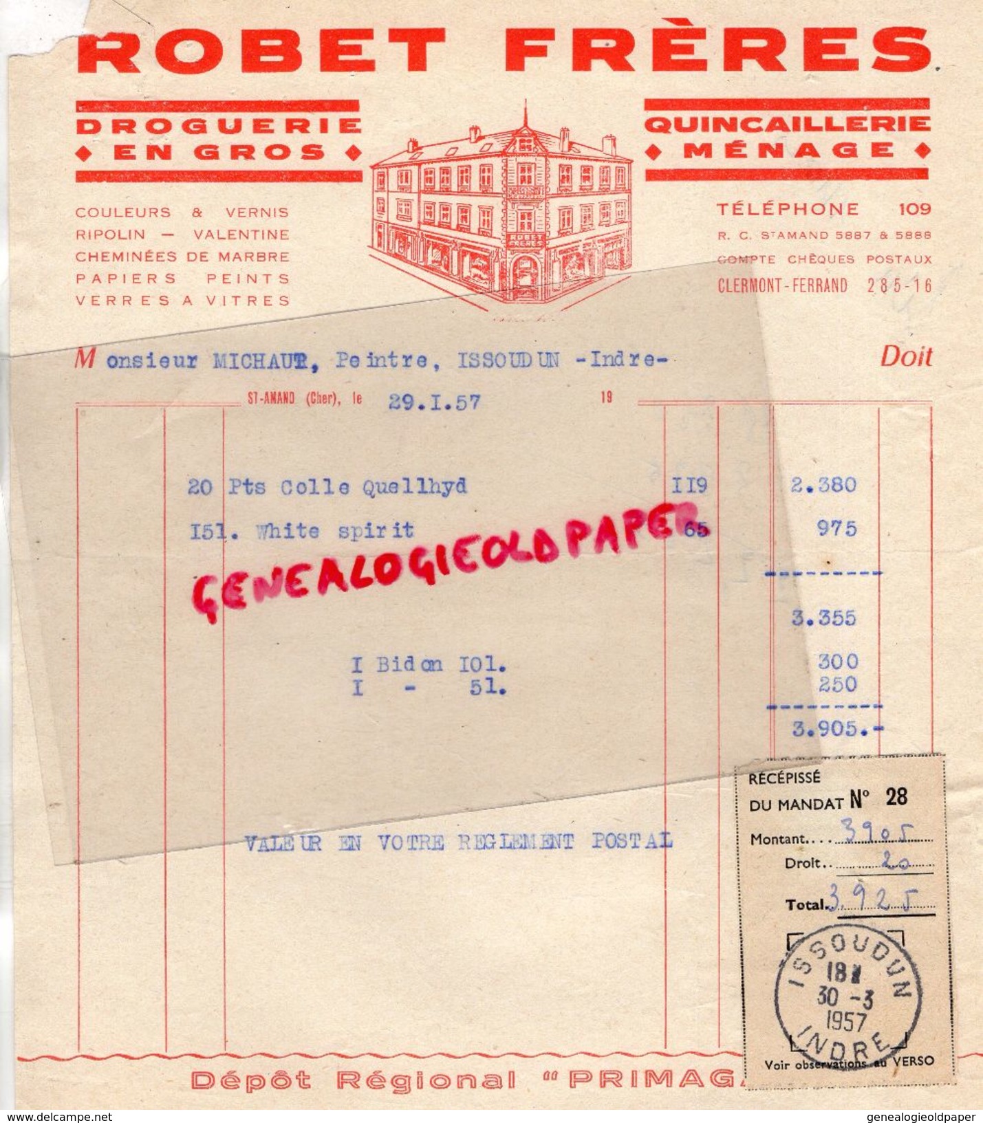 36-ST SAINT AMAND - RARE FACTURE ROBET FRERES- DROGUERIE QUINCAILLERIE- RIPOLIN-M. MICHAUT PEINTRE A ISSOUDUN- 1957 - Drogerie & Parfümerie