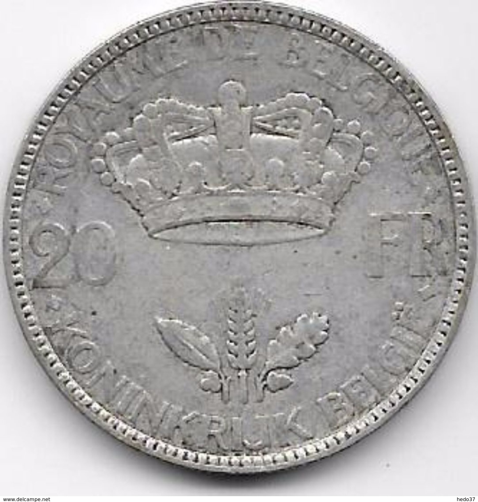 Belgique - 20 Francs 1935 - Argent - 20 Francs