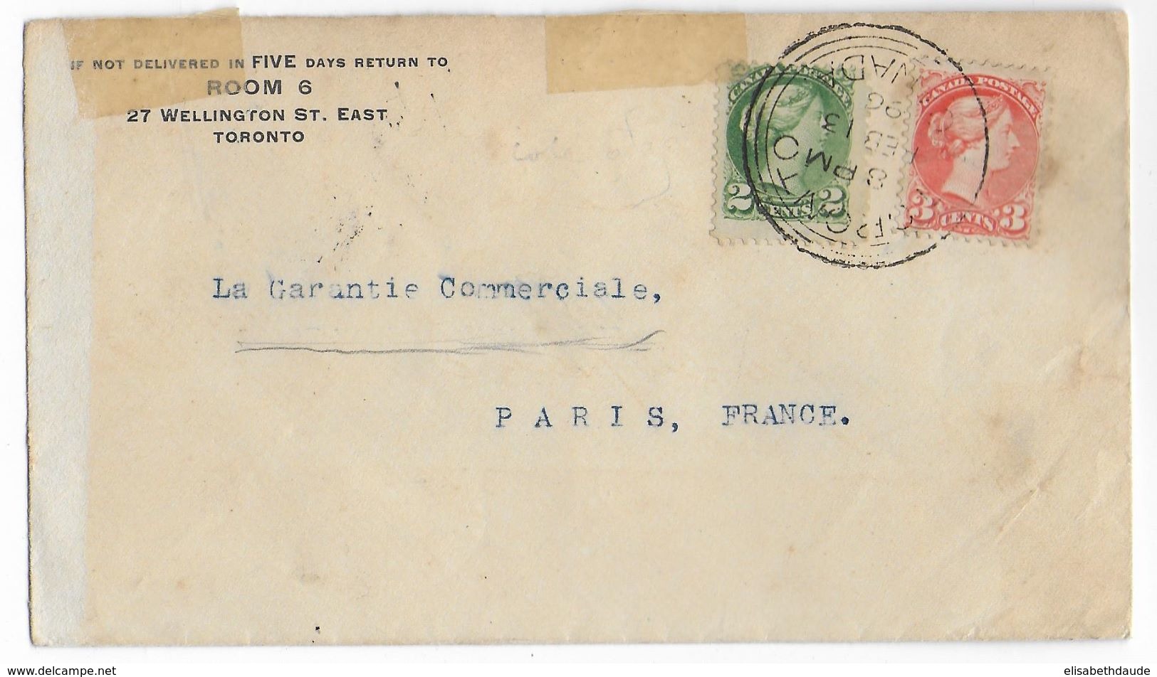 CANADA - 1896 - ENVELOPPE De TORONTO => PARIS - Briefe U. Dokumente