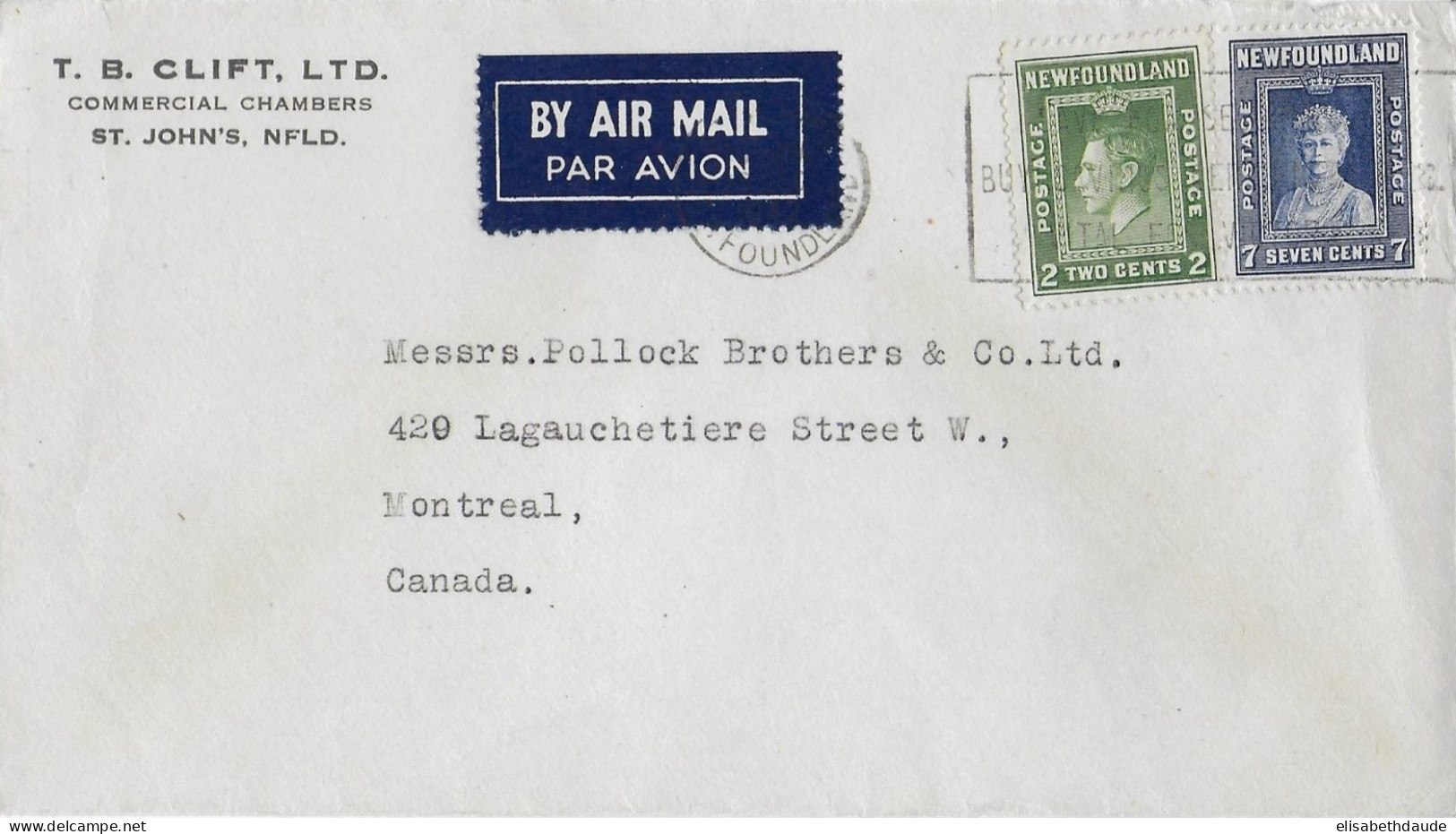 TERRE NEUVE (CANADA) - 1938/44 - ENVELOPPE Par AVION De ST JOHN'S => MONTREAL (QUEBEC) - 1908-1947