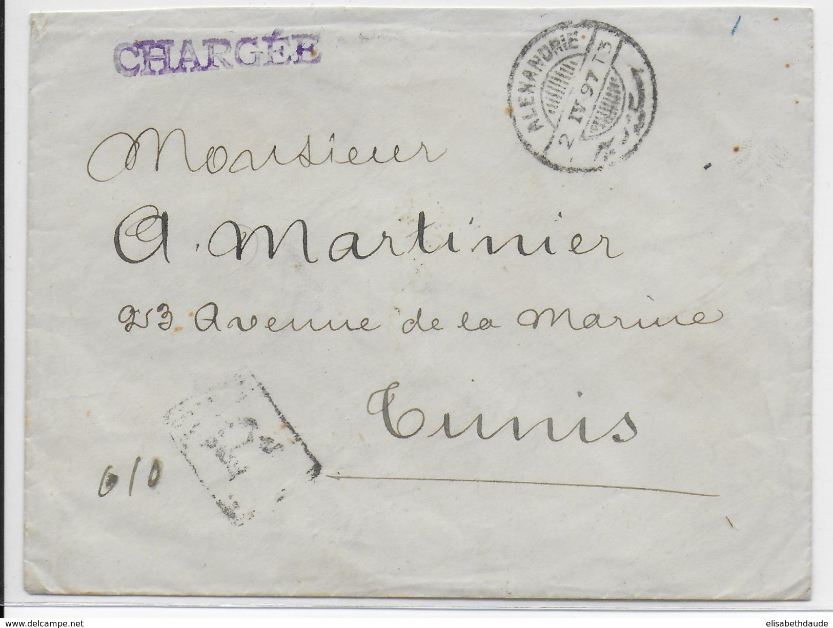 EGYPTE - 1897 - ENVELOPPE RECOMMANDEE CHARGEE De ALEXANDRIE => TUNIS - SUPERBE AFFR. AU DOS - 1866-1914 Khedivato De Egipto