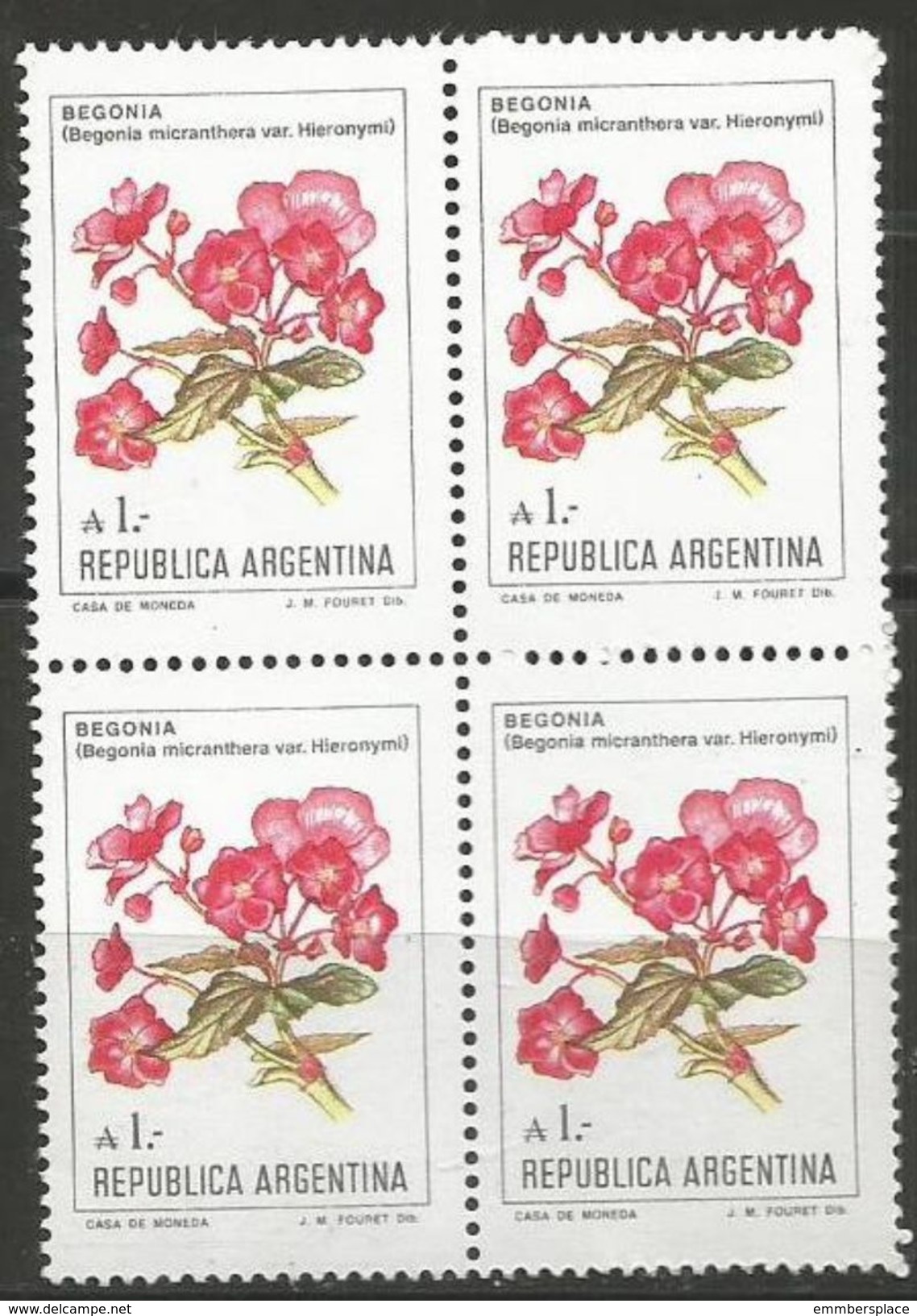 Argentina  - 1985 Begonia 1a  Block Of 4  MNH **    Sc 1524 - Unused Stamps