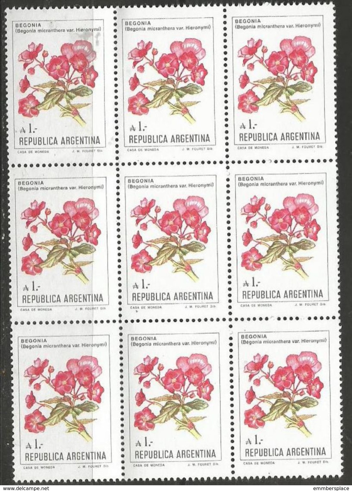 Argentina  - 1985 Begonia 1a  Block Of 9  MNH **    Sc 1524 - Unused Stamps