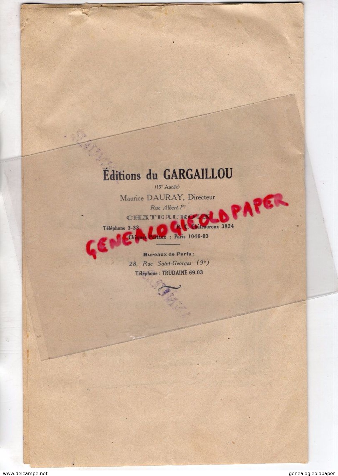 36- CHATEAUROUX-75- PARIS-LIVRET EDITIONS DU GARGAILLOU-1937-MAURICE DURAY-BERRI-CHANSONS BERGERE-AMOUR-BARBILLAT NIGOND - Documenti Storici