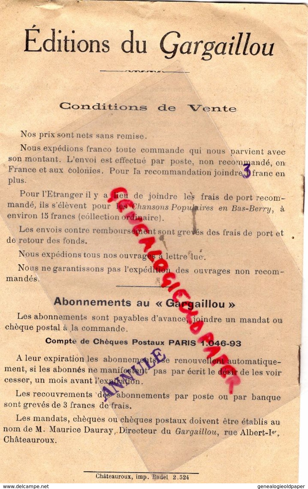 36- CHATEAUROUX-75- PARIS-LIVRET EDITIONS DU GARGAILLOU-1937-MAURICE DURAY-BERRI-CHANSONS BERGERE-AMOUR-BARBILLAT NIGOND