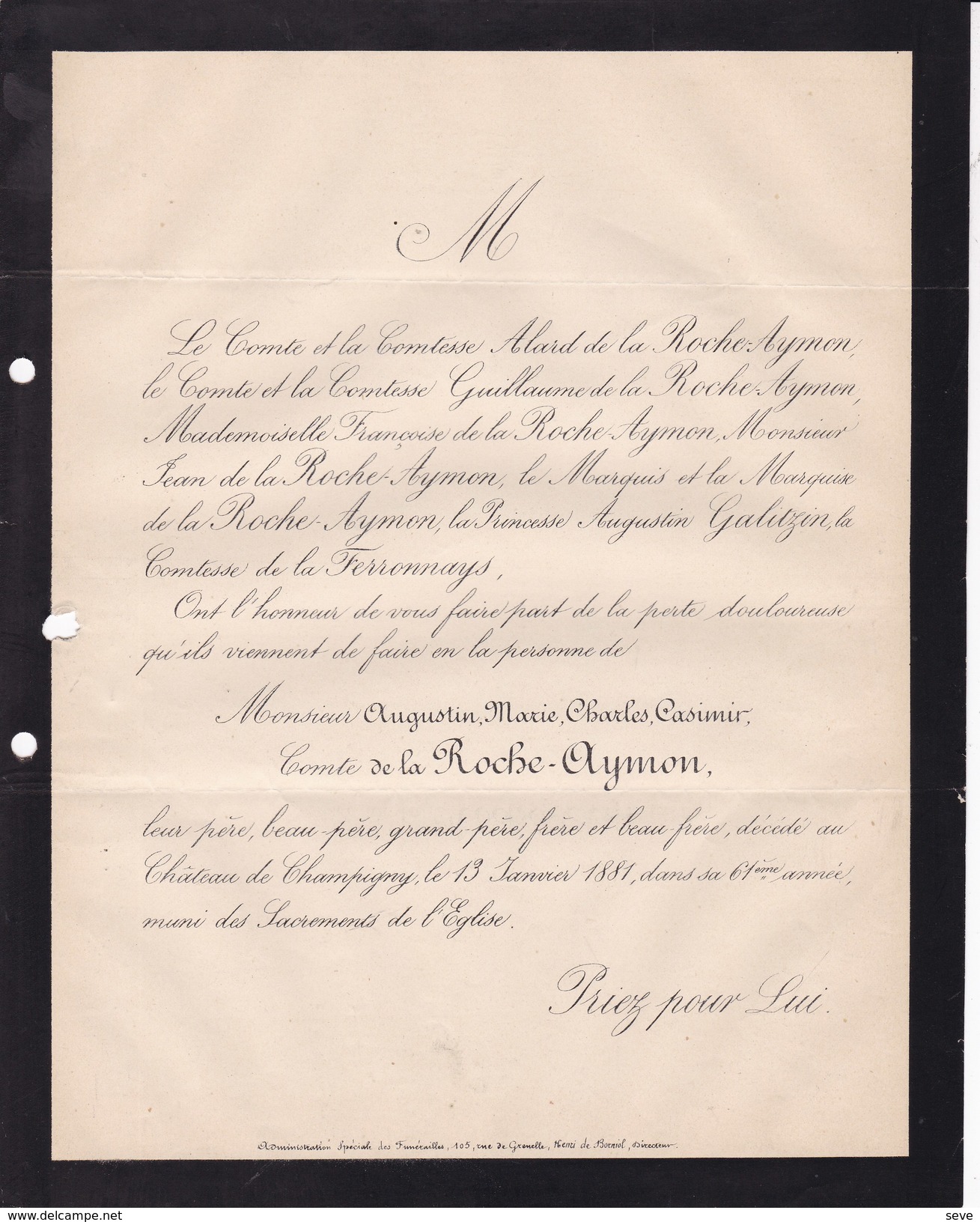 Château De CHAMPIGNY Augustin De La ROCHE-AYMON 61 Ans 1881 Famille GALITZIN Lettre Mortuaire - Décès