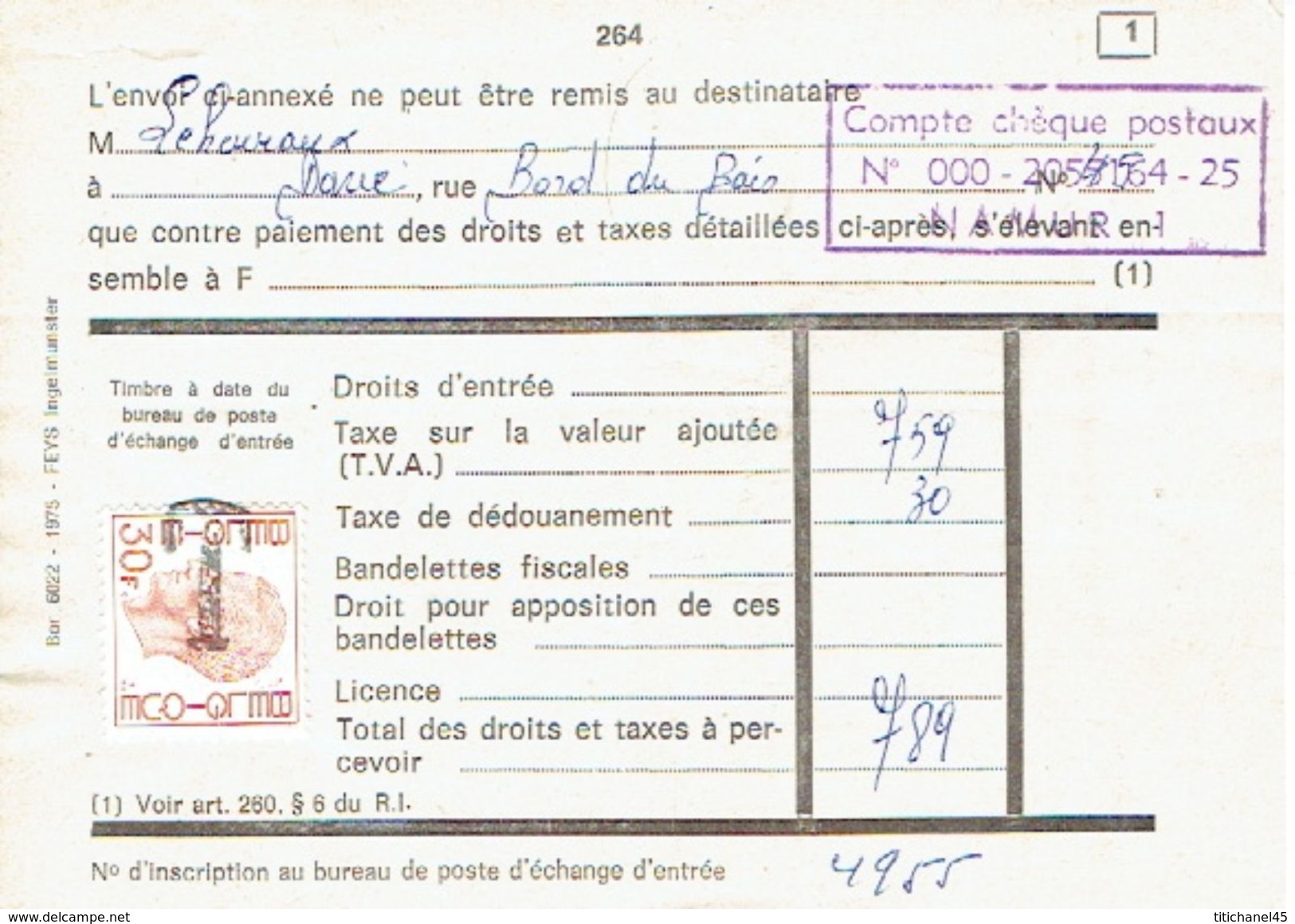 Taxe De 30 FB  (dédouanement) Cachet Compte Chèque Postaux NAMUR 1 - Other & Unclassified