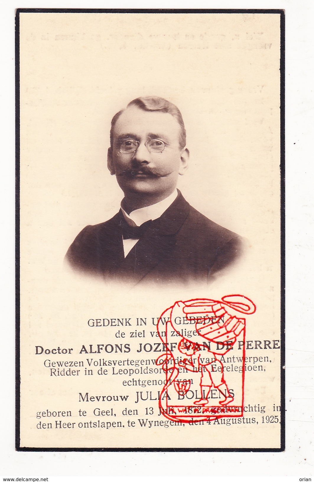 DP Foto Dokter Volksvertegenw. Alfons J. Van De Perre ° Geel 1872 † Wijnegem 1925 X Julia Bollens / Antwerpen / Snor - Images Religieuses