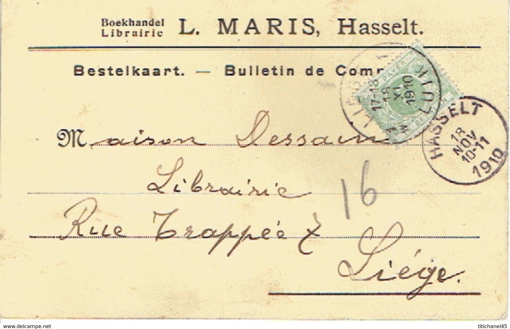 PK Publicitaire L. MARIS Boekandel Non Affranchie Taxée 5c TX3 Oblit. HASSELT Vers LIEGE 18 NOV 1910 + Griffe T - Other & Unclassified