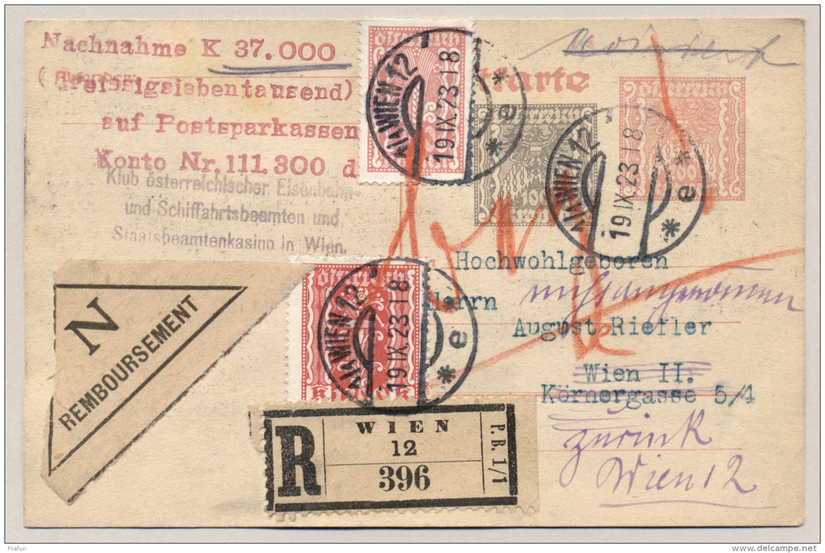 Österreich - 1923 - 100 + 200 Kr Postkarte + 2 Stamps - Remboursement And Registered Local Use Wien - Andere & Zonder Classificatie