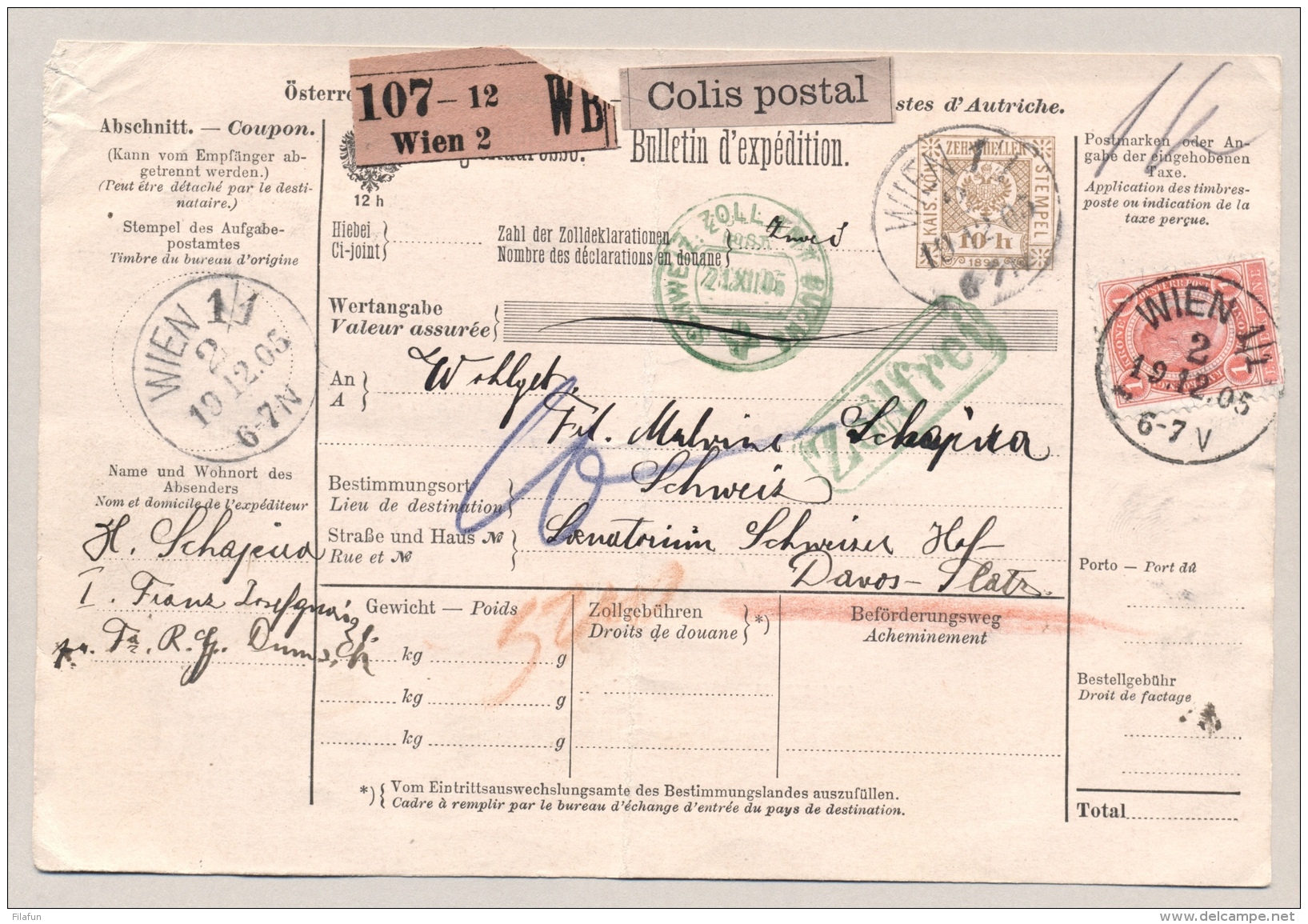 Österreich - 1905 - 10 H Bulletin D'expedition / Paketkarte + 1 Kr Stamp From Wien To Davos / Schweiz - Andere & Zonder Classificatie