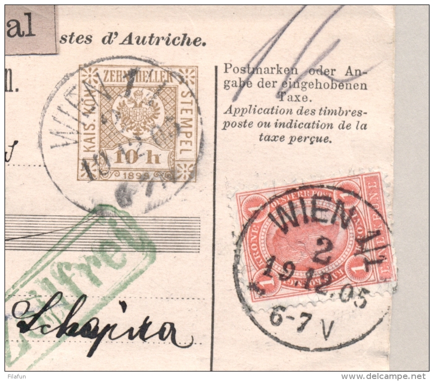 Österreich - 1905 - 10 H Bulletin D'expedition / Paketkarte + 1 Kr Stamp From Wien To Davos / Schweiz - Andere & Zonder Classificatie