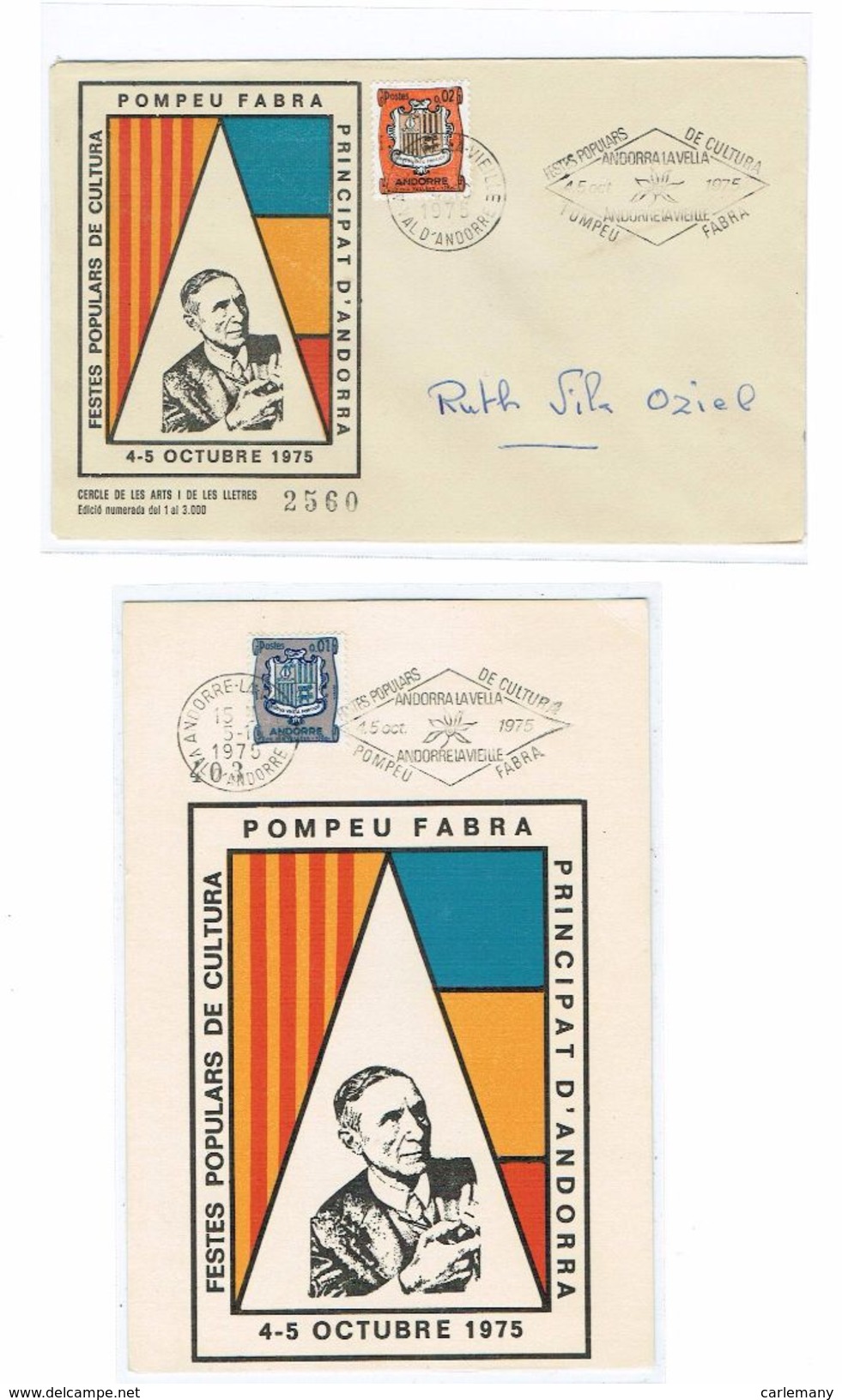 ANDORRE FR 2 DOC. POMPEU FABRA 1975 - Lettres & Documents