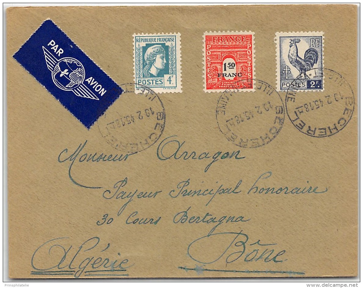 LETTRE DE BECHEREL AVEC ARC COQ ET MARIANE 1945  PAR AVION =&gt;  L'ALGERIE  COVER - 1921-1960: Période Moderne