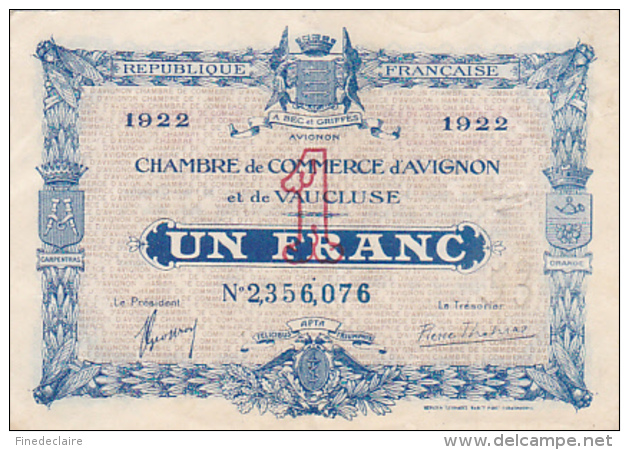 Chambre De Commerce D'Avignon Et De Vaucluse - Un Franc - 1922 - Sans Filigrane - Chambre De Commerce