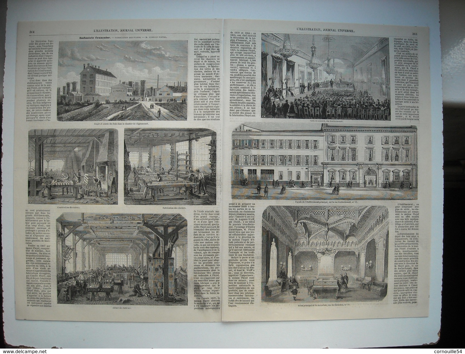 GRAVURE 1855. INDUSTRIE FRANCAISE. FABRICATION DES PIANOS. CAMILLE PLEYEL. DEPOT ET SCIERIE DES BOIS CLIGNANCOURT....... - Stampe & Incisioni