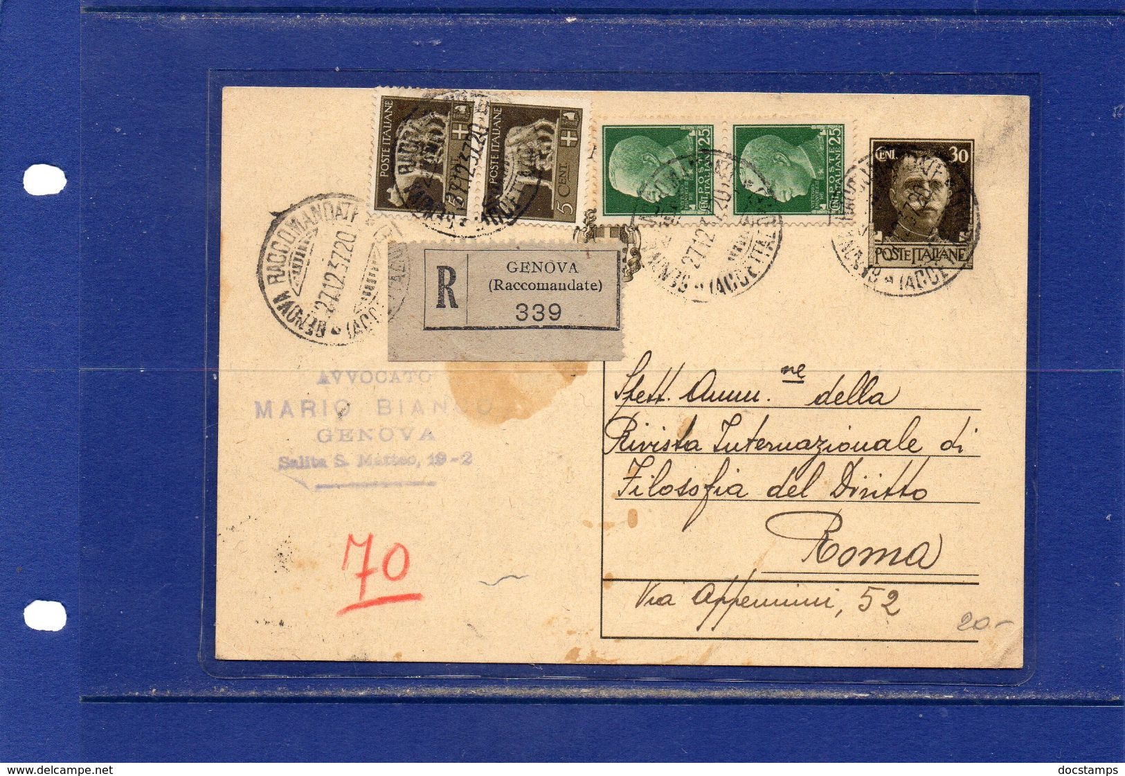 ##(YEL)-Italia 27-12-1937- Genova - Cartolina Postale     Cent.30  Raccomandata  Per   Roma - Marcophilia