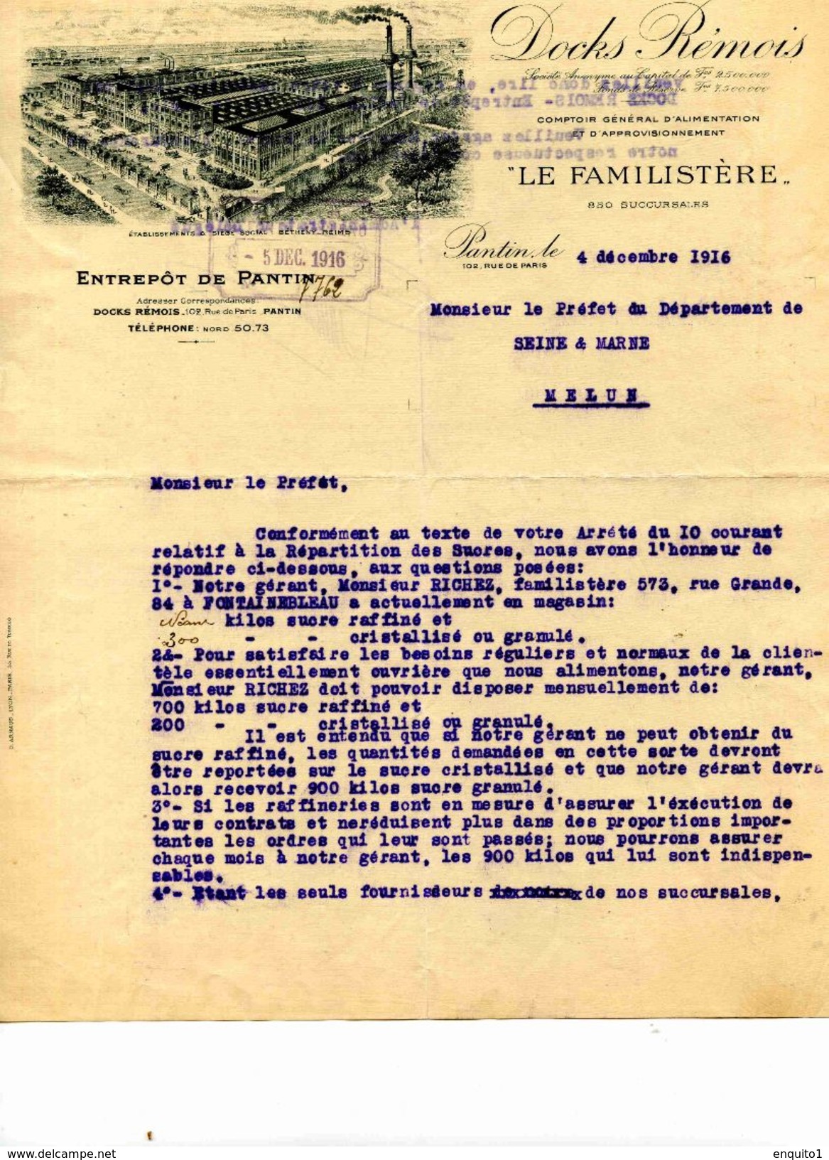 Les Docks Rémois", "Le Familistère"n Entrepots De Pantin, PANTIN, 1916 - Invoices